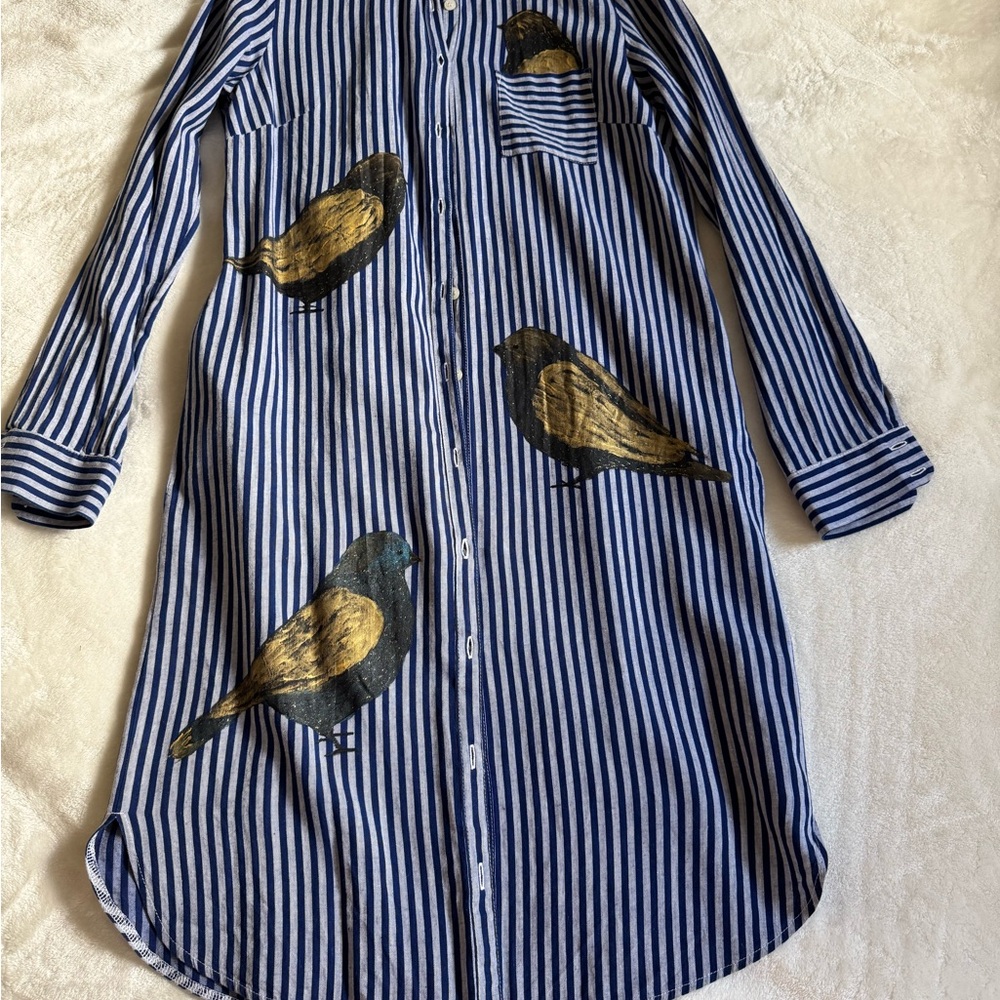 Striped Blue and White Shirt Dress with Bird Design